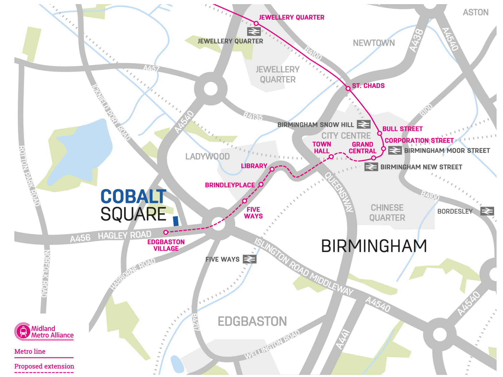 Illustrated transport map showing Cobalt Square, Edgbaston Village, Five Ways and Birmingham city centre