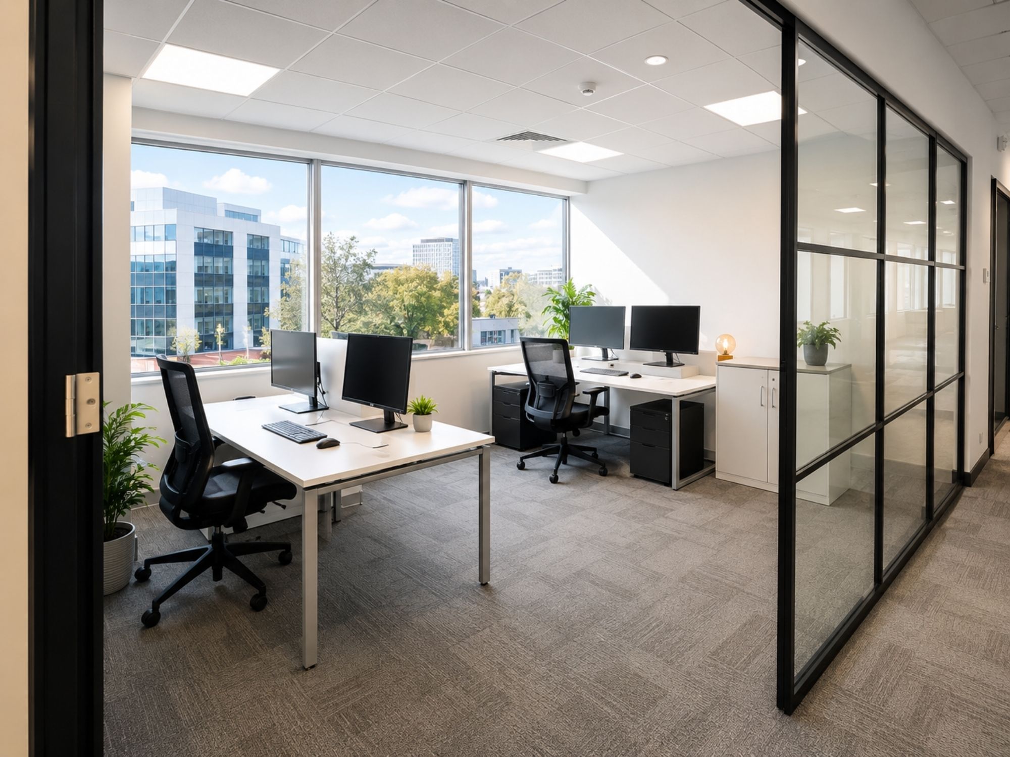 Planned glass-fronted serviced office suite with natural light at St James House in Sheffield