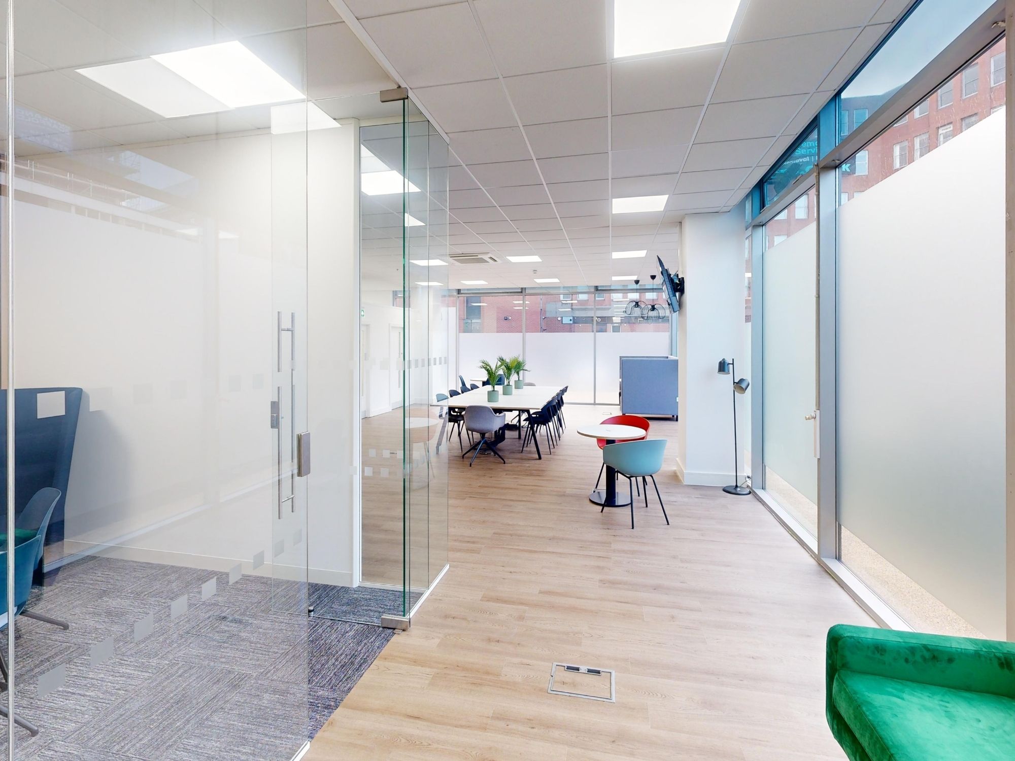 Communal breakout and shared workspace at St James House in Sheffield