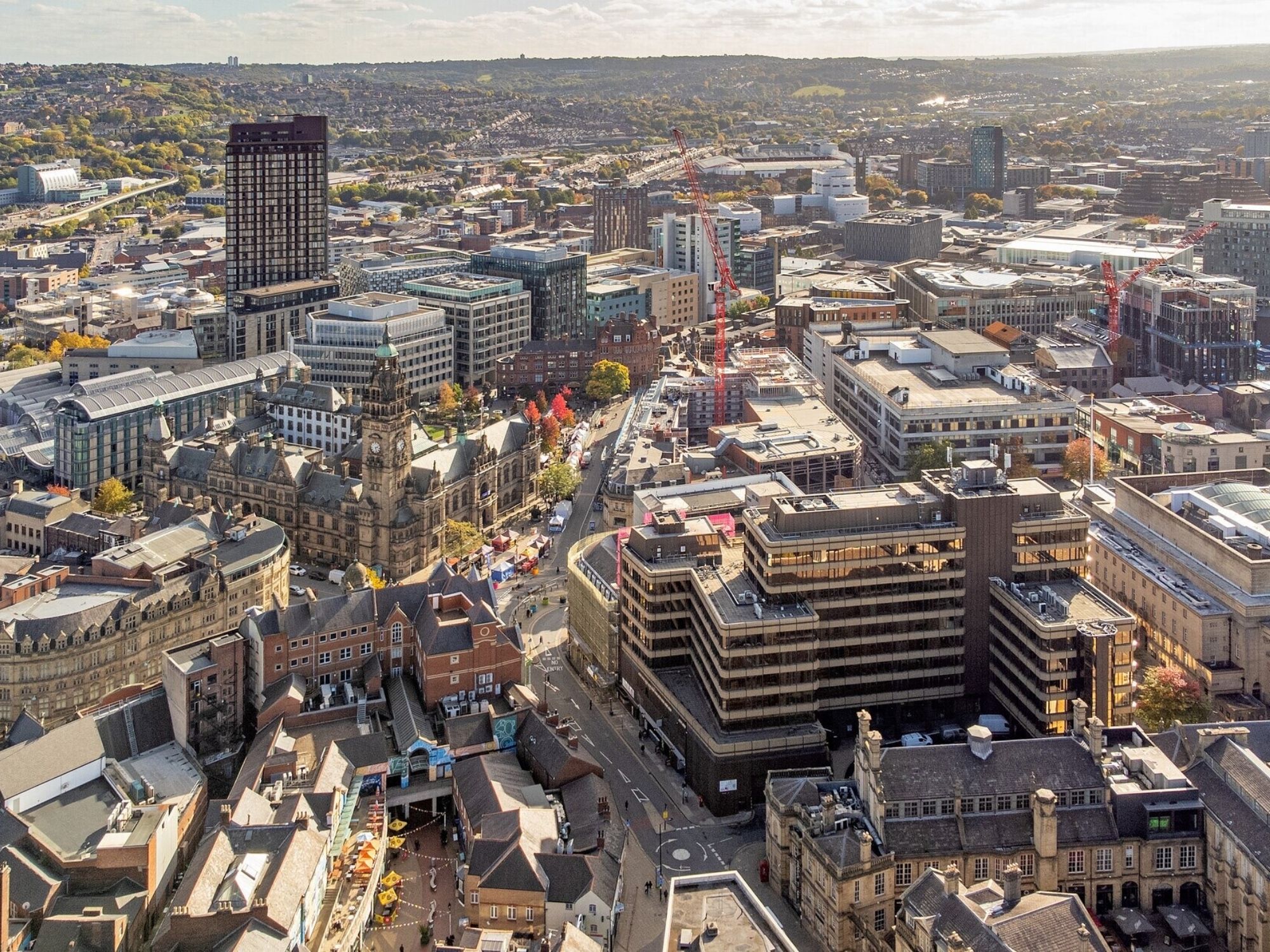 Aerial view across Sheffield city centre near St James House