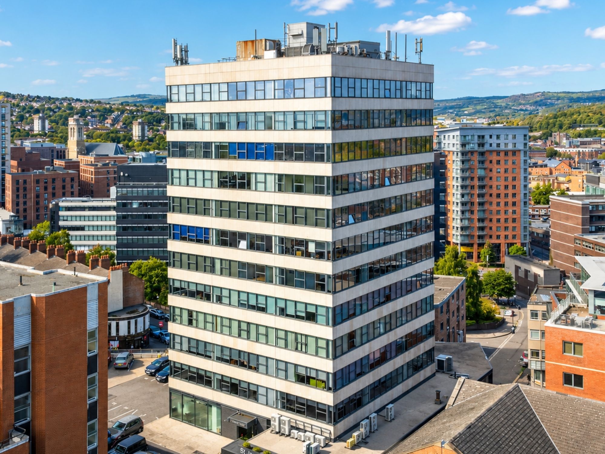 Aerial exterior view of St James House on Vicar Lane in Sheffield city centre