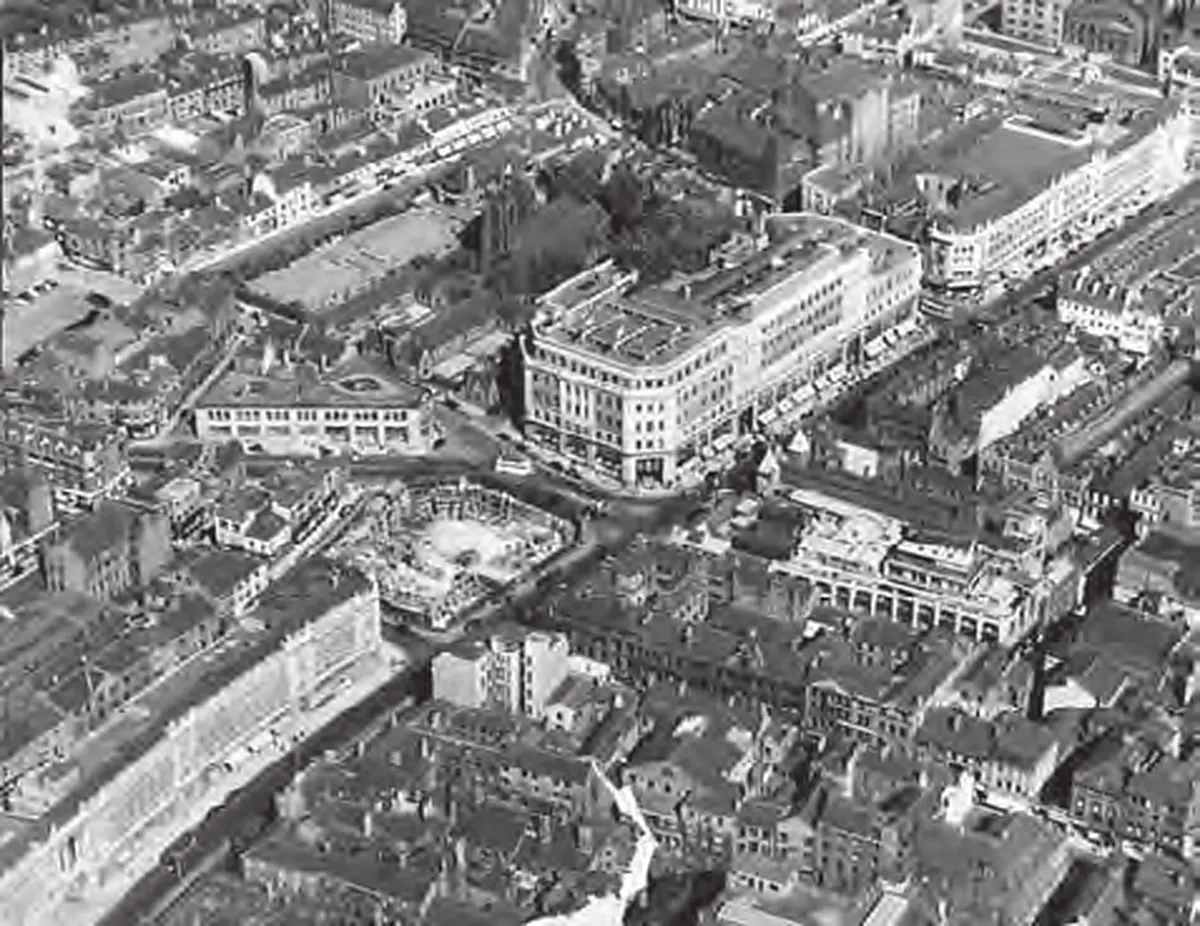 Historic aerial view of 42 The Headrow within Leeds city centre during the 1950s