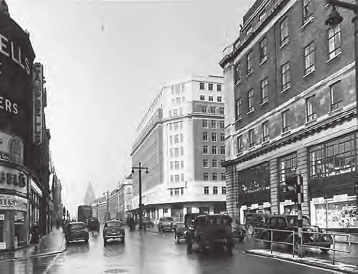 Historic street view of the completed 42 The Headrow in Leeds during the 1950s