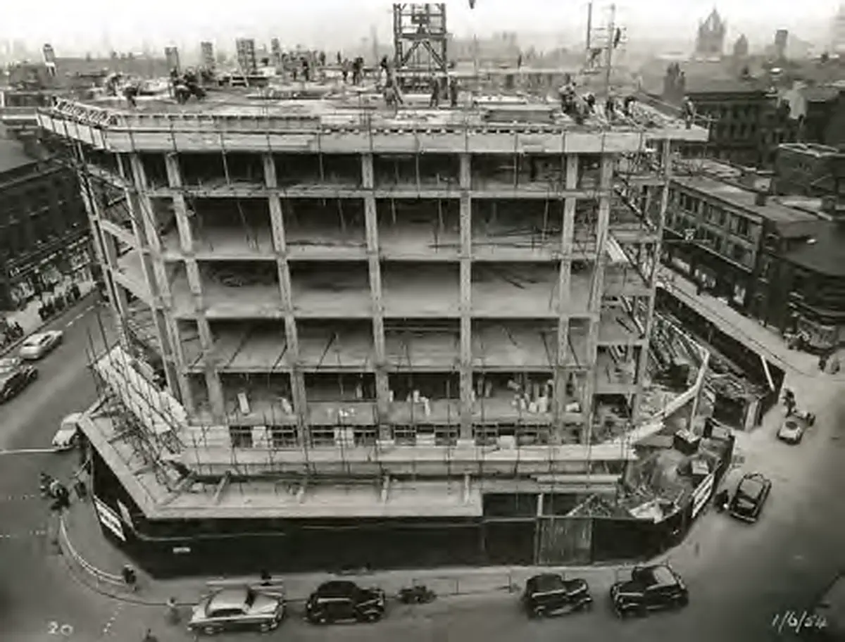 Historic aerial photograph showing construction progressing across the upper floors of 42 The Headrow in Leeds