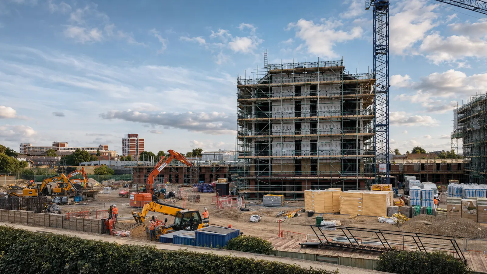 Construction team working on apartment buildings at Dallas Road in Kempston, Bedford