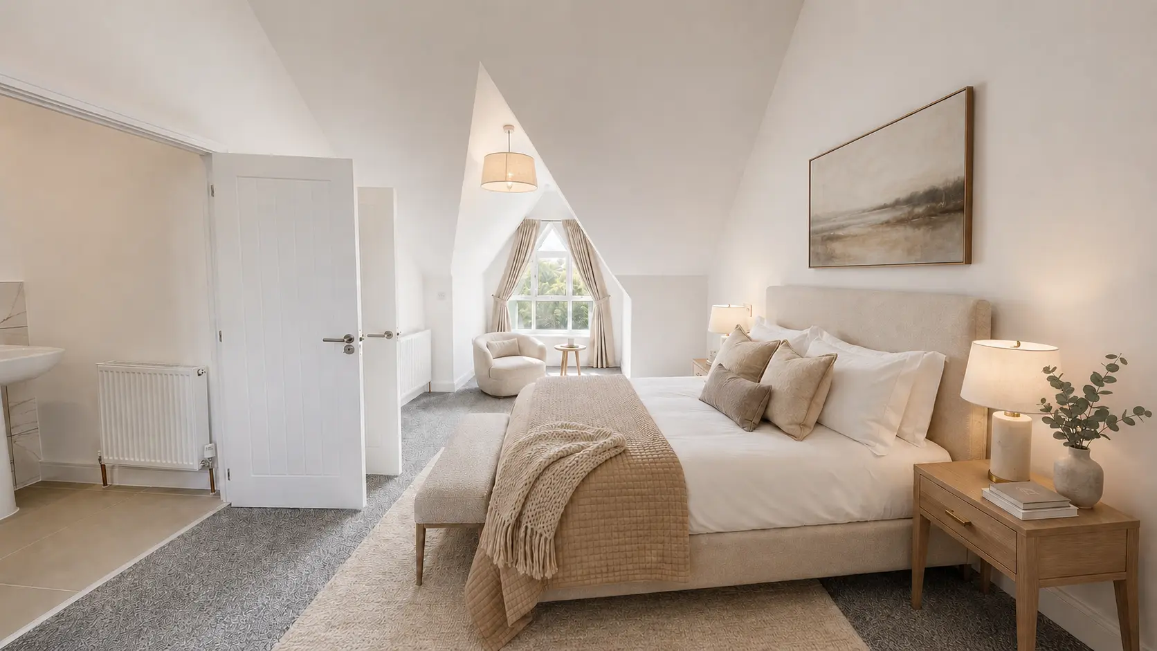 Furnished attic bedroom in an Eighth Avenue show home