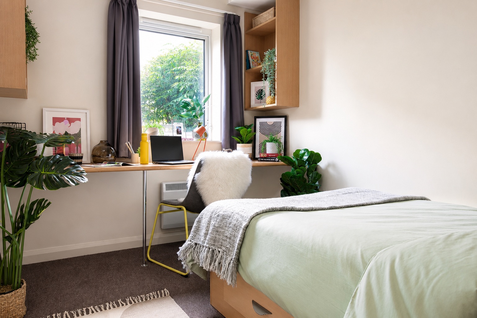 Furnished student bedroom and study space at Westhill Hall