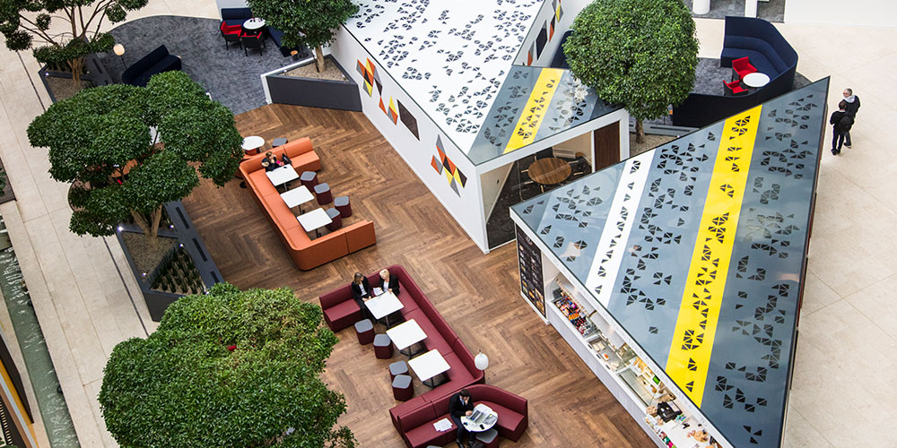 View across the landscaped central atrium at Matrix House