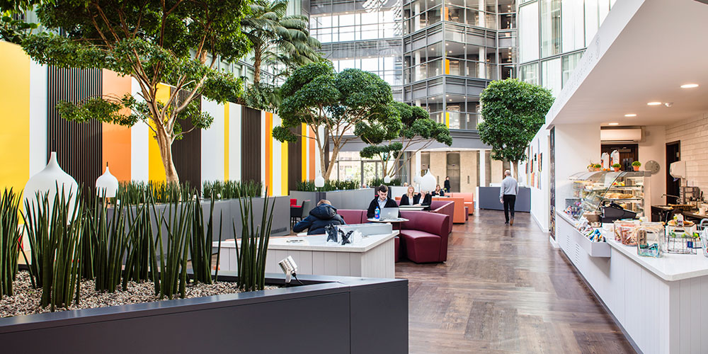 Full height atrium and café at Matrix House in Basingstoke
