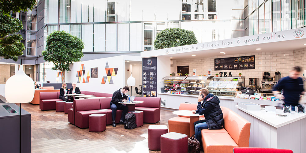 Atrium café and communal seating at Matrix House