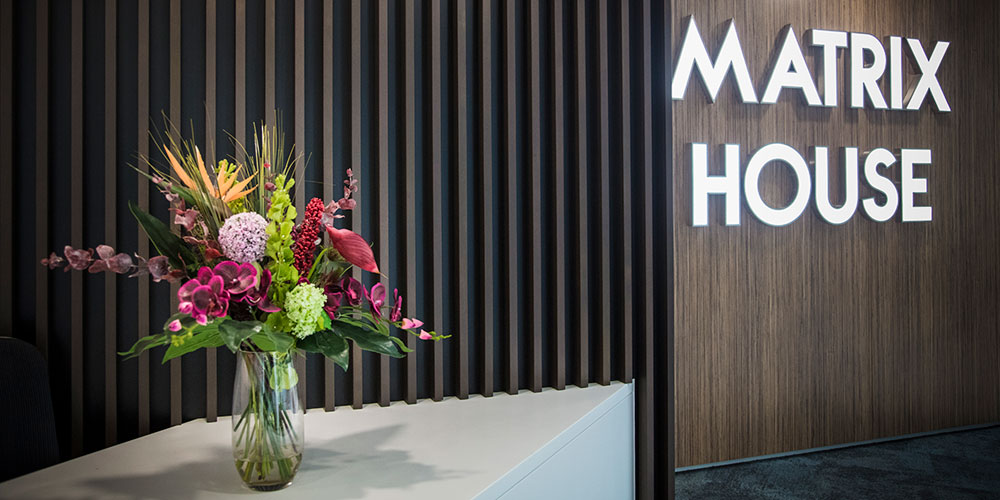 Matrix House reception branding and entrance detail