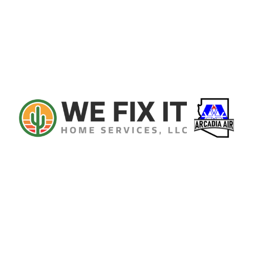 Logo for "We Fix It Home Services, LLC" features a stylized cactus in a circle on the left and a mountain and star design with "Arcadia Air" text on the right.