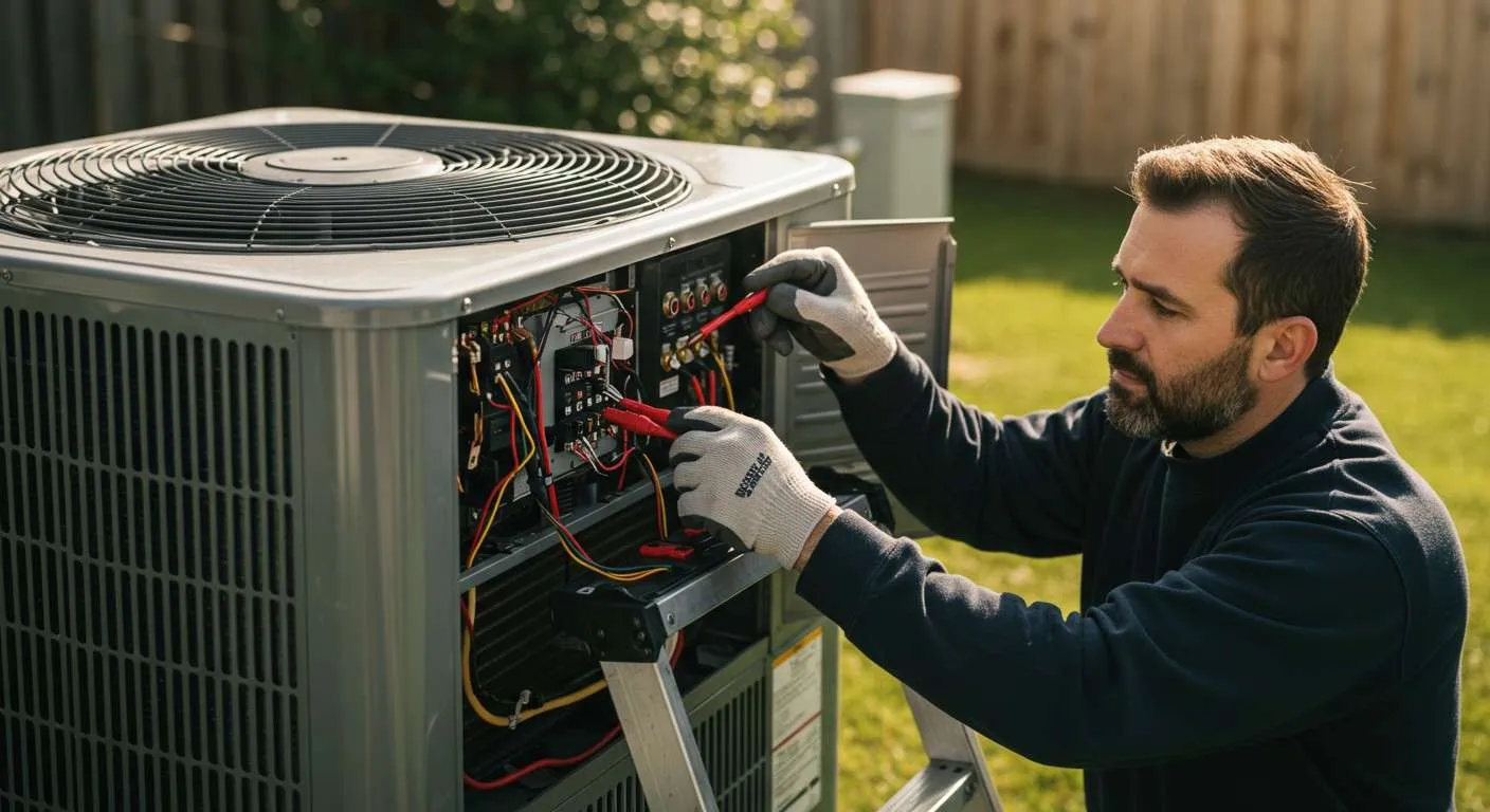 Technician performing heat pump repair, using multimeter and tools on outdoor unit, surrounded by grass and fence, illustrating professional service by We Fix It Home Services, LLC.