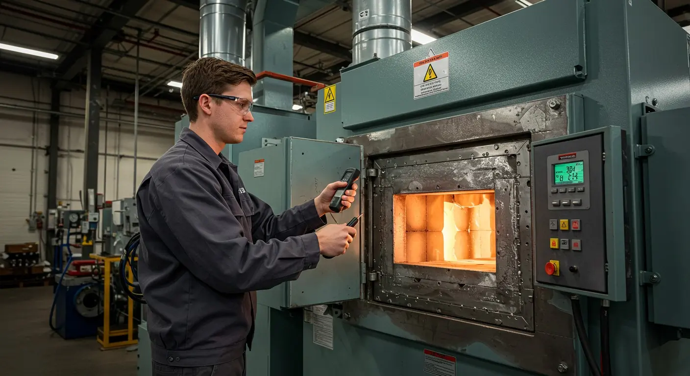 Technician inspecting furnace during emergency heater repair service in a workshop setting.