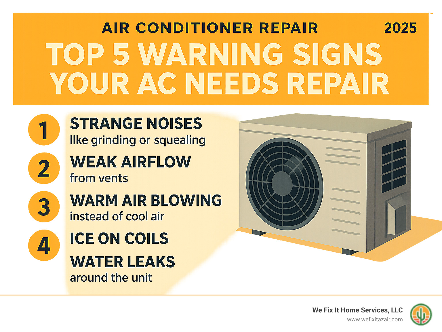 Infographic showing the top 5 warning signs your AC needs repair: 1) Strange noises like grinding or squealing indicating mechanical problems, 2) Weak airflow from vents suggesting dirty filters or blocked ducts, 3) Warm air blowing instead of cool air pointing to refrigerant or compressor issues, 4) Ice formation on indoor or outdoor coils caused by airflow restrictions, and 5) Water leaks around the unit from clogged drains or damaged pumps - Air conditioner repair infographic 