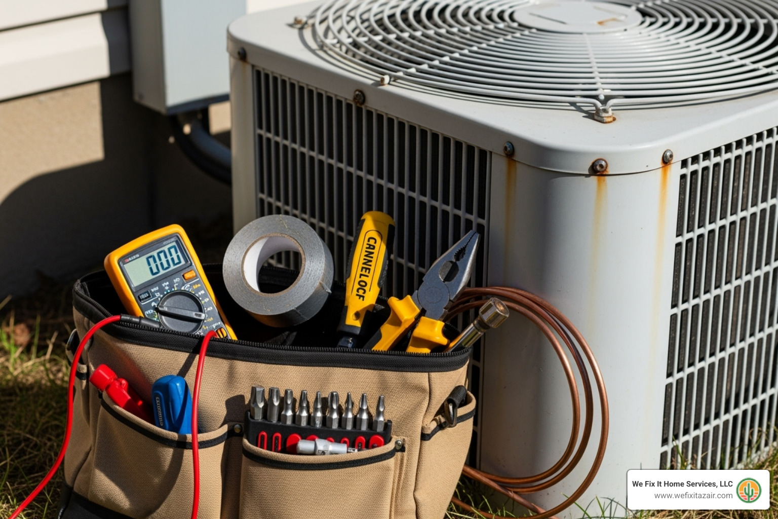Technician's tool bag next to an outdoor AC unit - Air conditioner repair