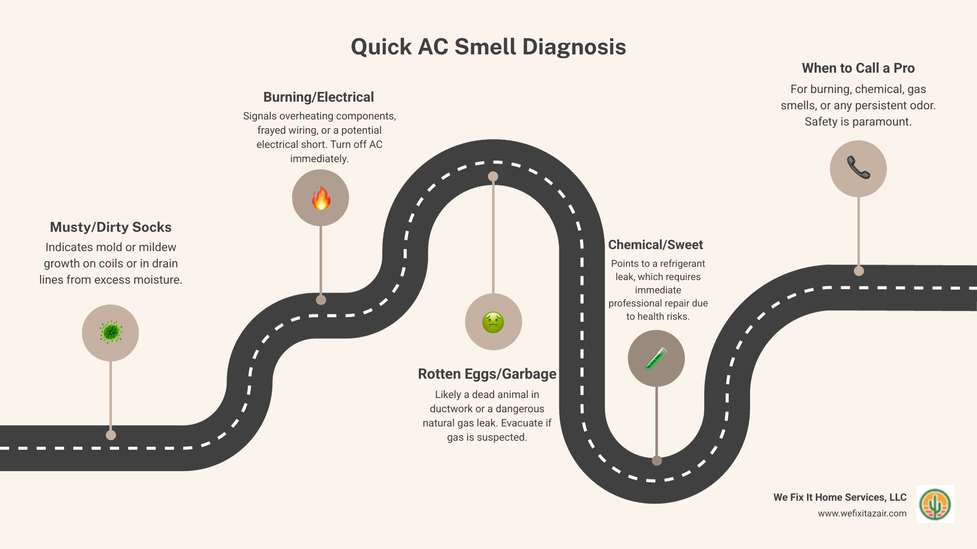 Infographic showing four common AC smells with icons: musty smell from moldy evaporator coil, burning smell from overheating motor, rotten egg smell from dead animal in ductwork, and chemical smell from refrigerant leak, each with brief cause descriptions - AC smells bad infographic roadmap-5-steps