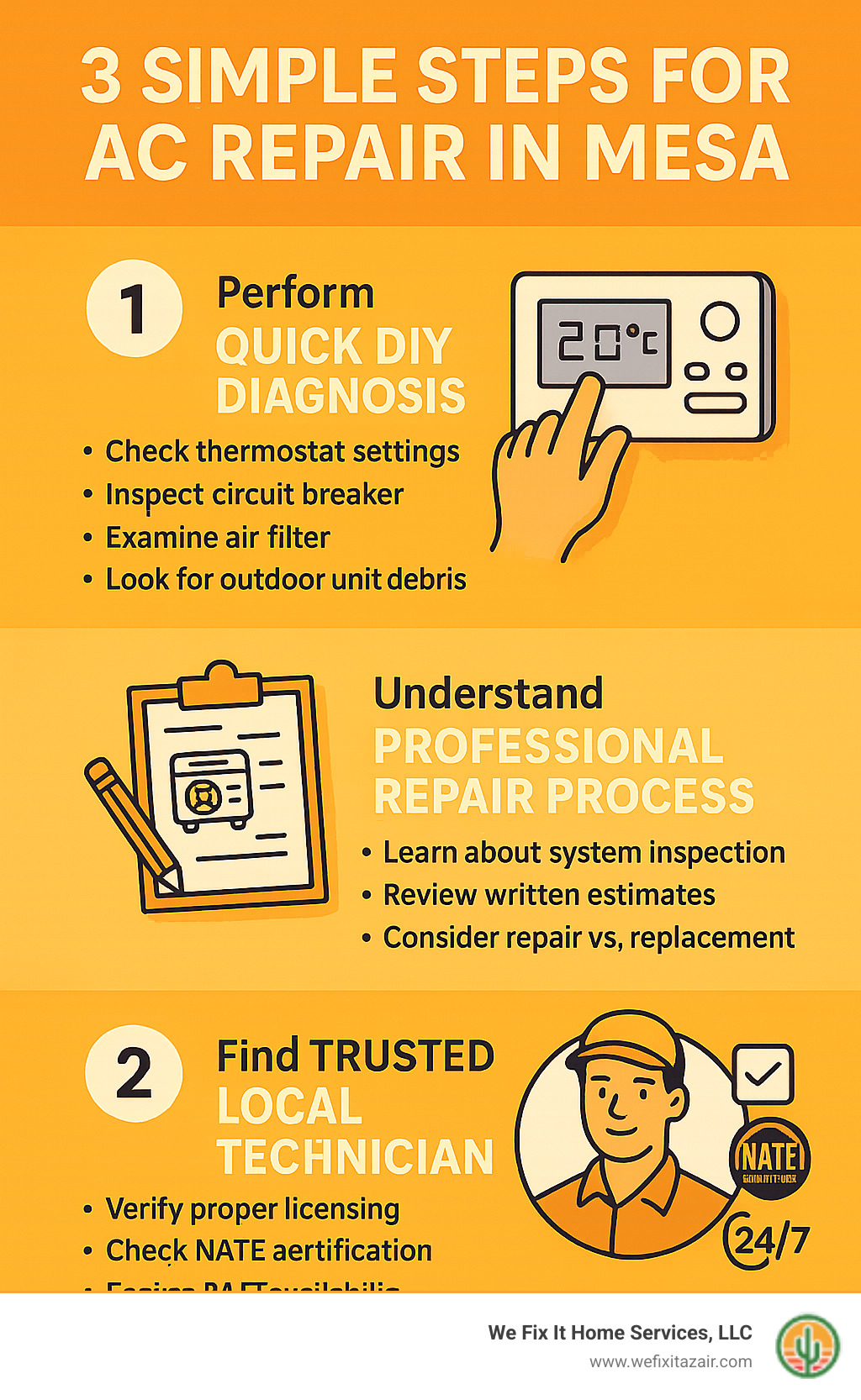 Infographic showing three simple steps for AC repair in Mesa: Step 1 - Perform quick DIY diagnosis by checking thermostat settings, circuit breaker, air filter, and outdoor unit debris; Step 2 - Understand professional repair process including system inspection, written estimates, and repair vs replacement decisions; Step 3 - Find trusted local technician with proper licensing, NATE certification, and 24/7 emergency availability - ac repair mesa infographic 