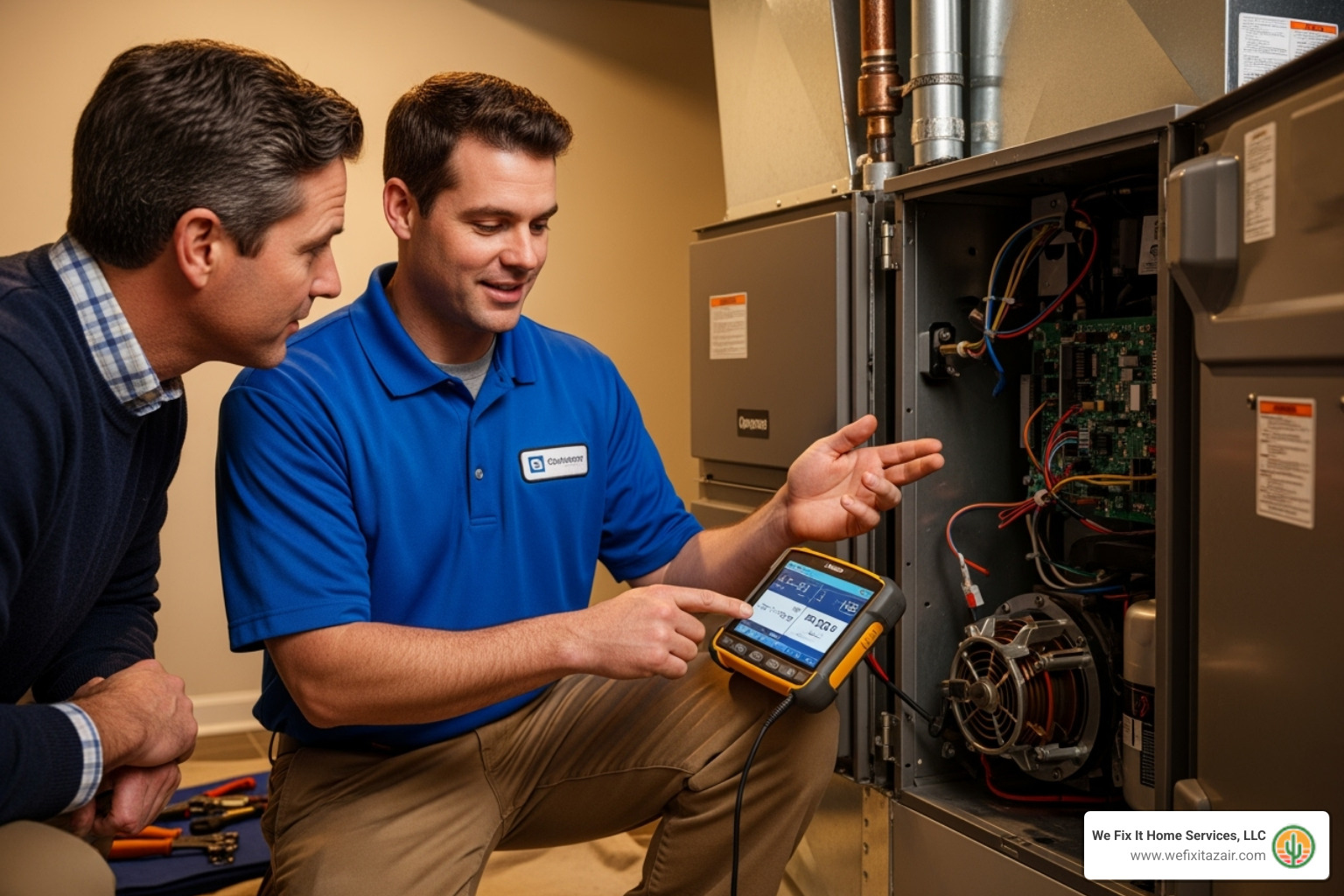 A friendly technician showing a homeowner a part on a diagnostic tool, explaining the issue clearly. - ac repair mesa