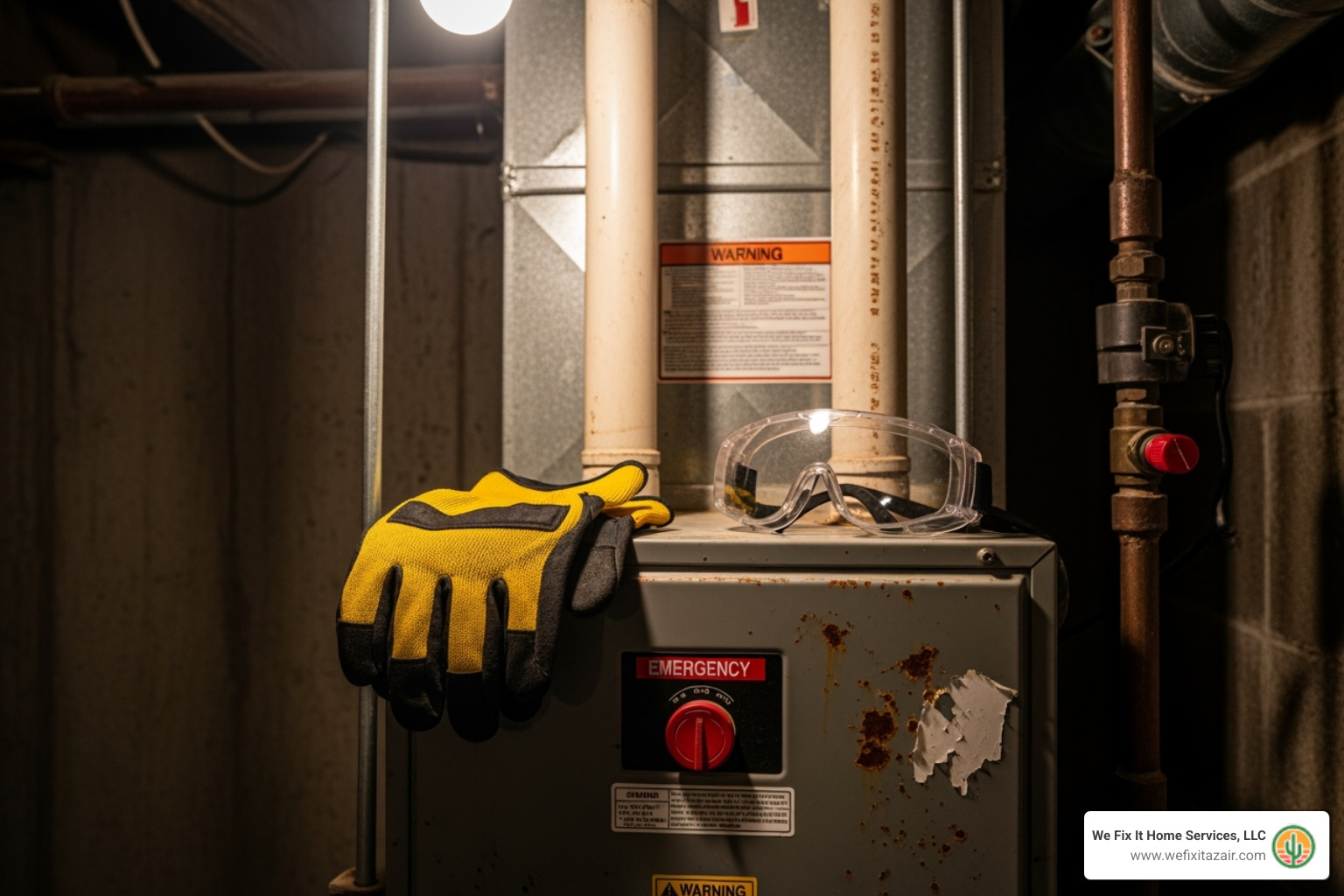Image of safety gloves and goggles next to a furnace panel - furnace blower repair