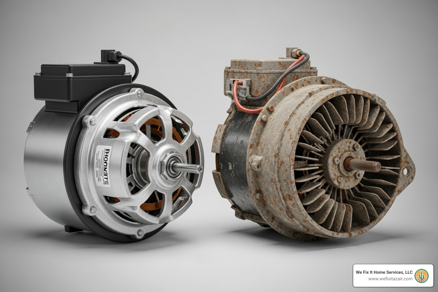 Image of a new blower motor next to an old, worn-out one - furnace blower repair