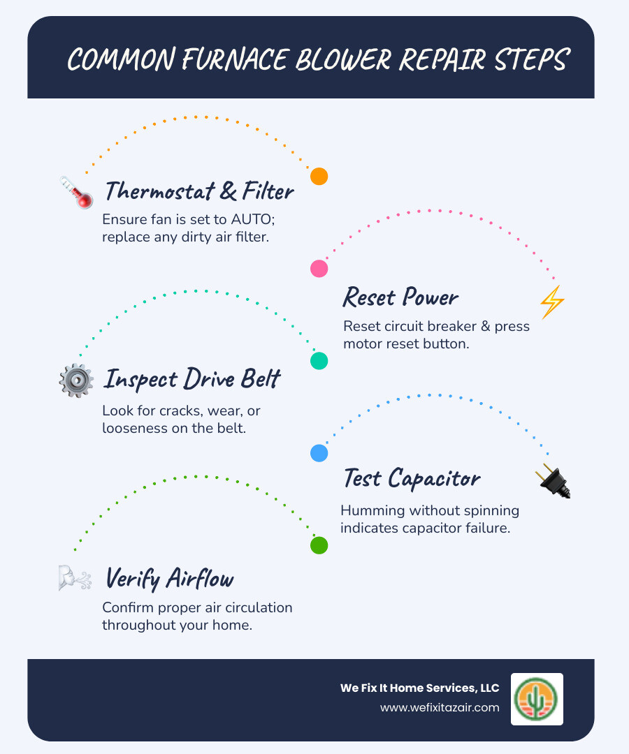 Comprehensive guide showing furnace blower motor operation with arrows indicating heated air flow from furnace through ductwork, plus common repair steps including filter replacement, capacitor testing, and belt inspection - furnace blower repair infographic infographic-line-5-steps-blues-accent_colors