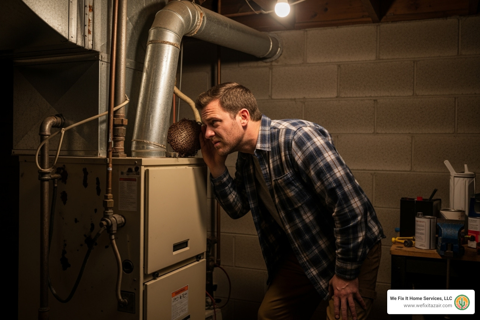 Image of a homeowner listening to a noisy furnace - furnace blower repair