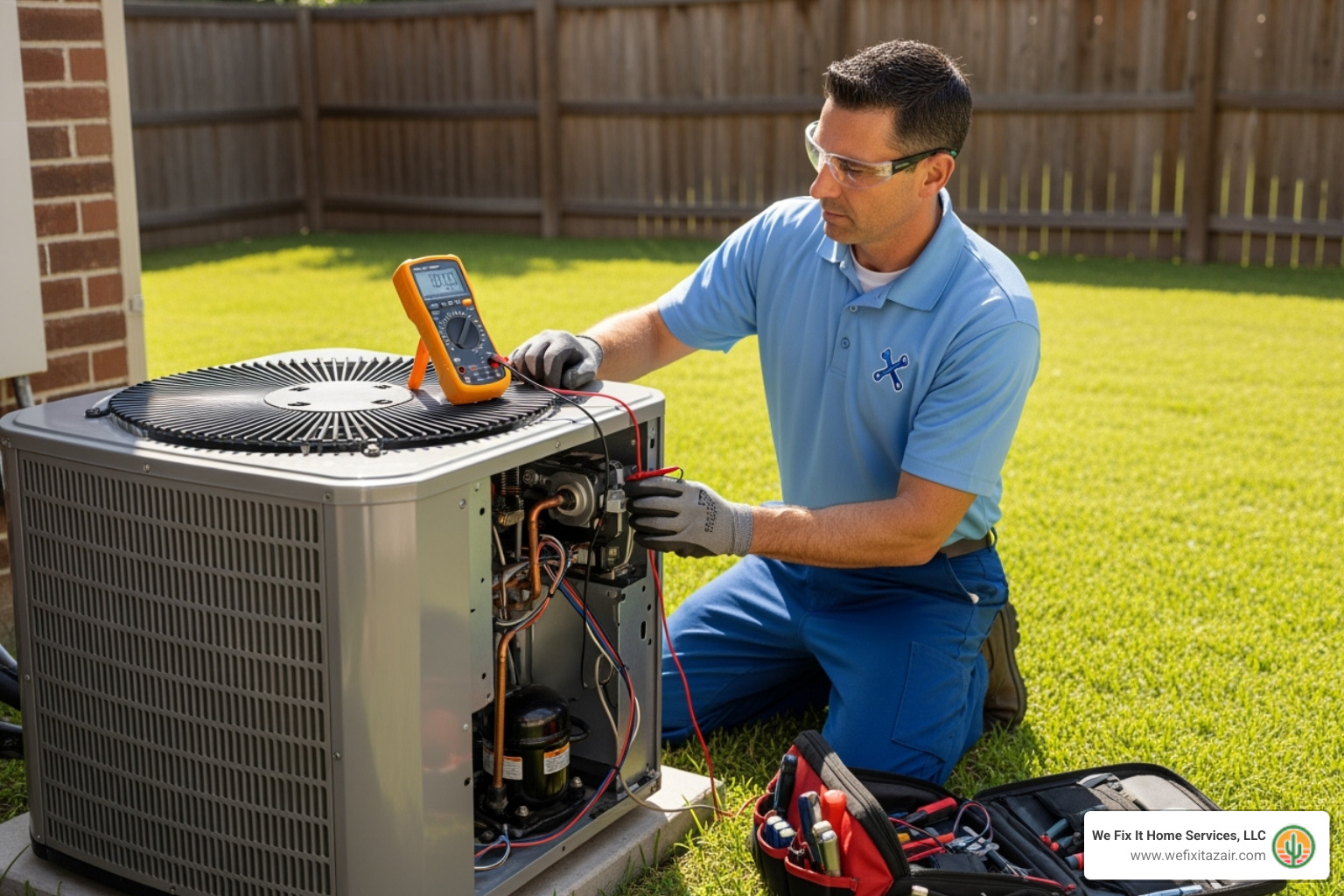technician servicing an outdoor AC unit - ac companies mesa az
