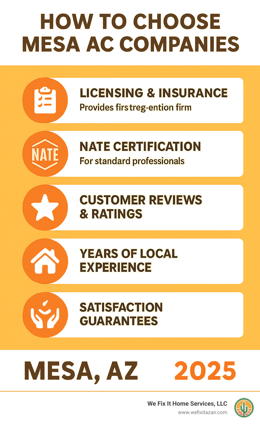 infographic showing 5 key factors for choosing Mesa AC companies: licensing and insurance, NATE certification, customer reviews and ratings, years of local experience, and satisfaction guarantees - ac companies mesa az infographic 