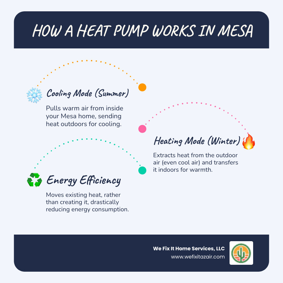 Detailed infographic showing heat pump operation in both cooling and heating modes, with arrows indicating heat transfer direction, refrigerant cycle components, and seasonal operation differences for Mesa Arizona climate - heat pump installation mesa az infographic infographic-line-3-steps-blues-accent_colors