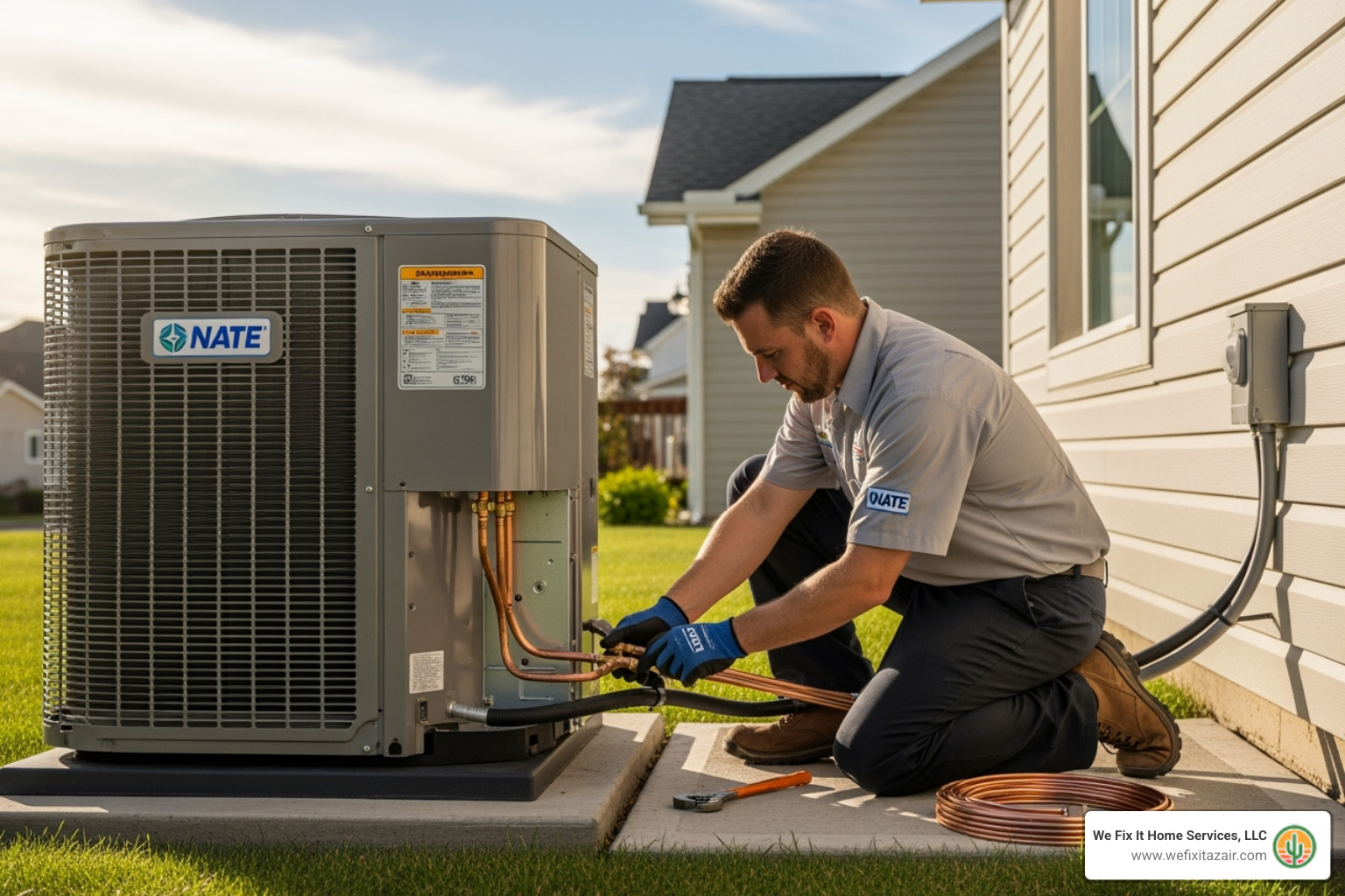 NATE-certified technician carefully installing an outdoor heat pump unit - heat pump installation mesa az