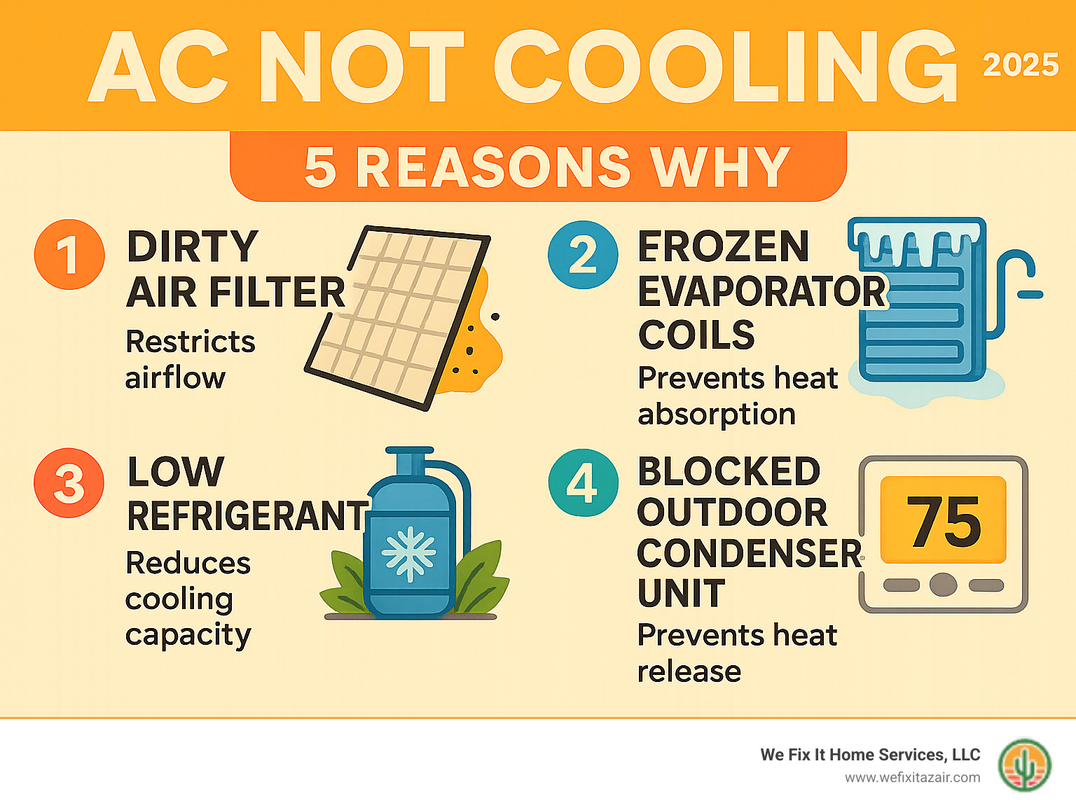 Infographic showing the top 5 reasons an AC stops cooling: dirty air filter restricting airflow, frozen evaporator coils preventing heat absorption, low refrigerant levels reducing cooling capacity, blocked outdoor condenser unit preventing heat release, and incorrect thermostat settings preventing proper operation - AC not cooling infographic 