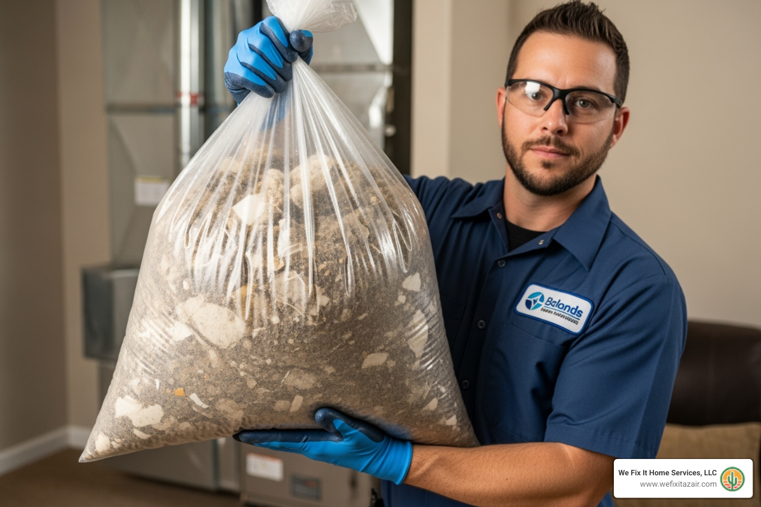 Image of a technician showing a large amount of dust removed from an air duct system - duct cleaning chandler