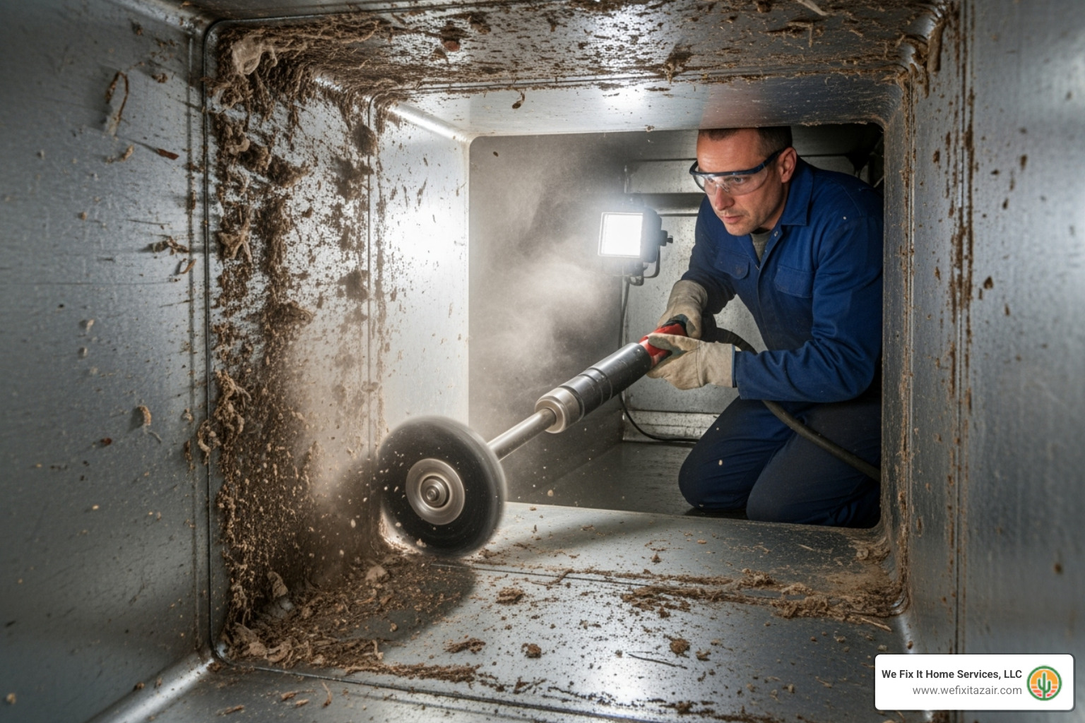 Image of a technician using a rotary brush inside a duct - duct cleaning chandler