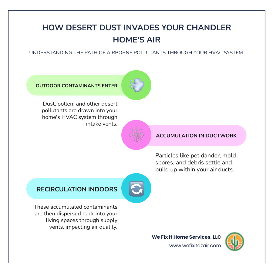 Infographic showing how dust, pollen, construction debris, pet dander, and outdoor pollutants enter through HVAC intake vents, travel through ductwork, and circulate throughout a Chandler home via supply vents, with arrows indicating airflow patterns and contamination sources specific to Arizona's desert environment - duct cleaning chandler infographic infographic-line-3-steps-colors