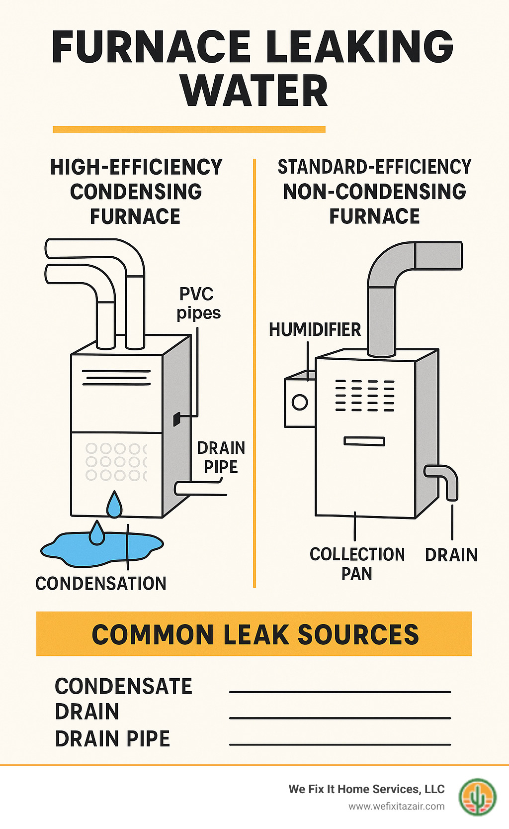 Infographic showing the difference between high-efficiency condensing furnaces with PVC vent pipes that produce condensation versus standard-efficiency non-condensing furnaces with metal vent pipes that do not produce water, including common leak sources for each type - furnace leaking water infographic 