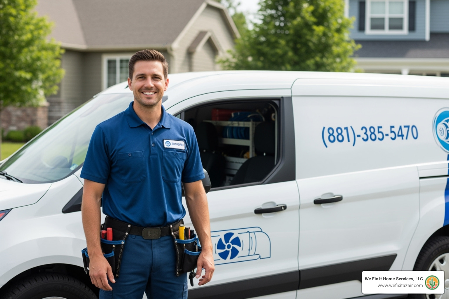 A friendly, uniformed technician with a company van - dryer vent cleaning service