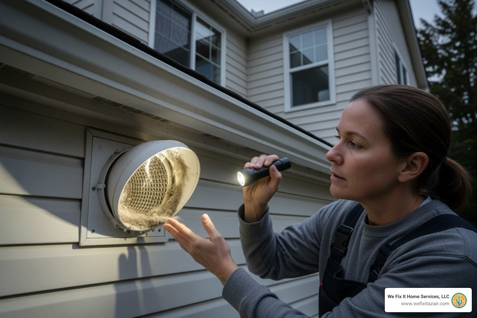 A homeowner checking for lint around the exterior vent cap - dryer vent cleaning service