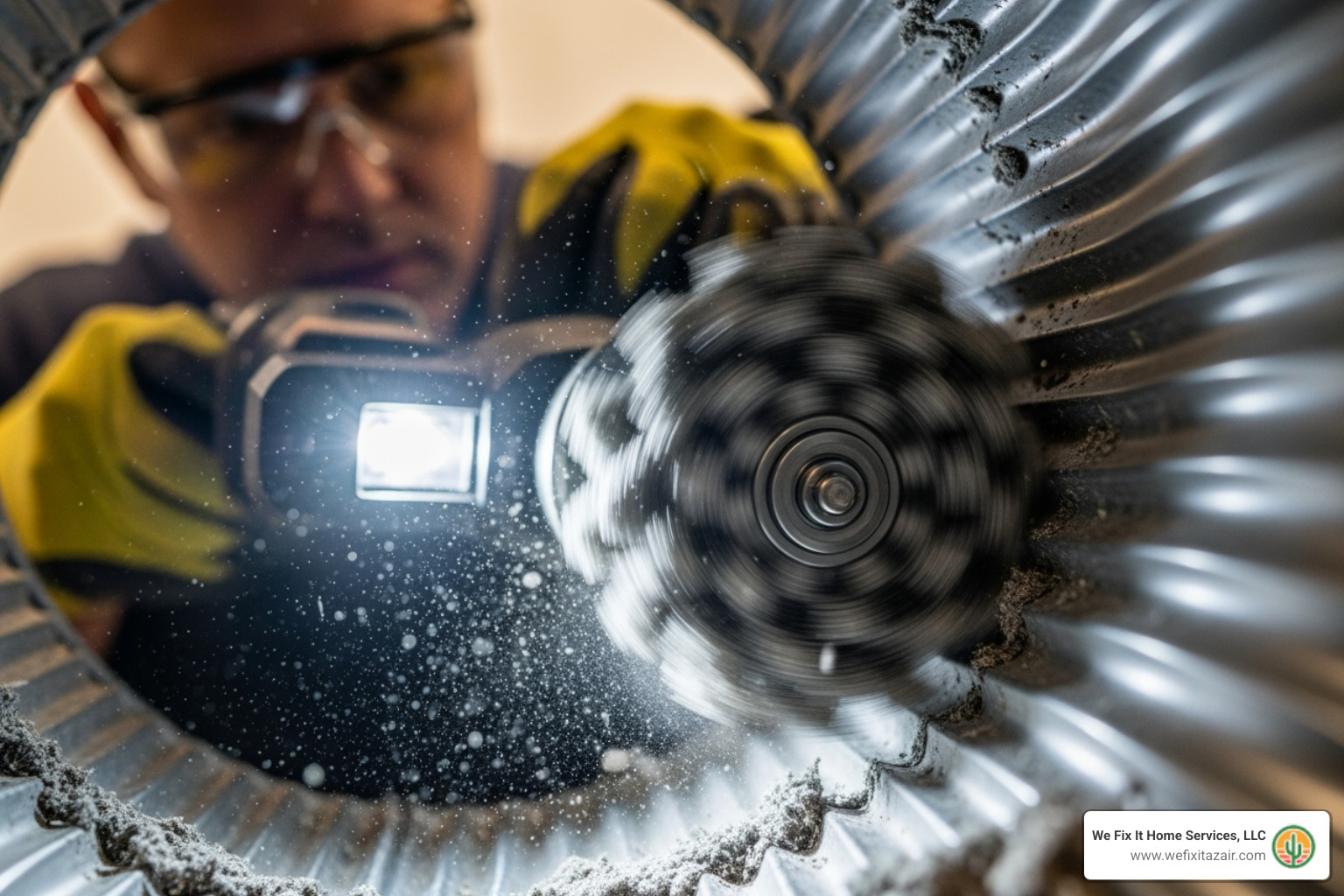 A technician using a specialized rotary brush tool inside a vent - dryer vent cleaning service