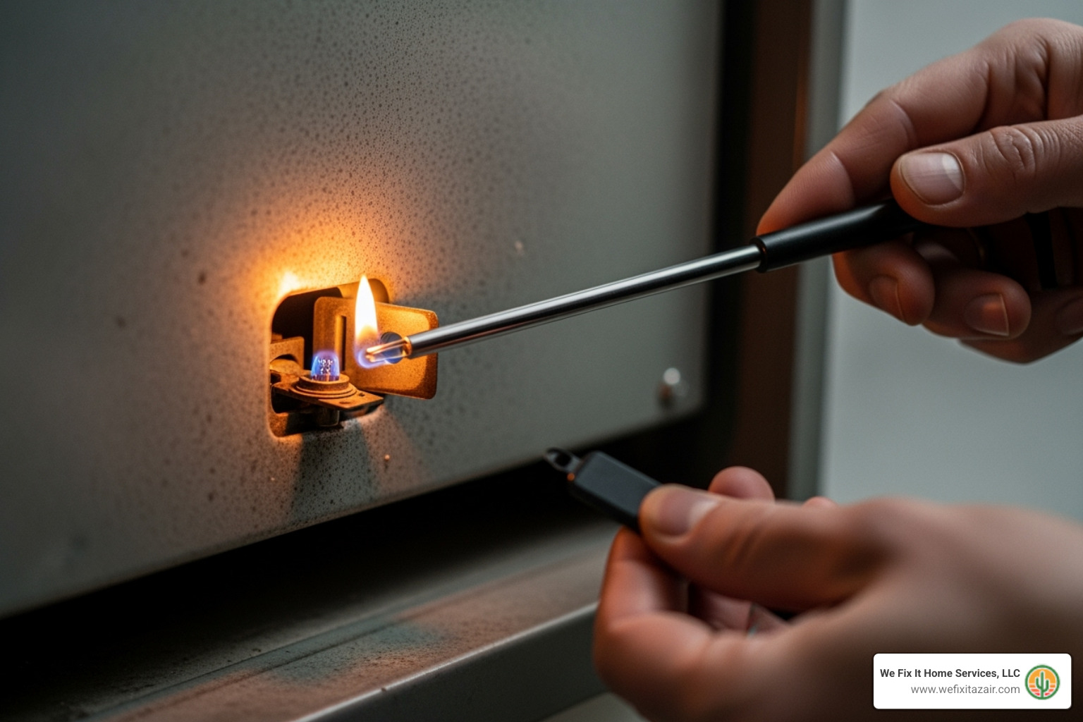 person using a long lighter to ignite the pilot - furnace pilot light