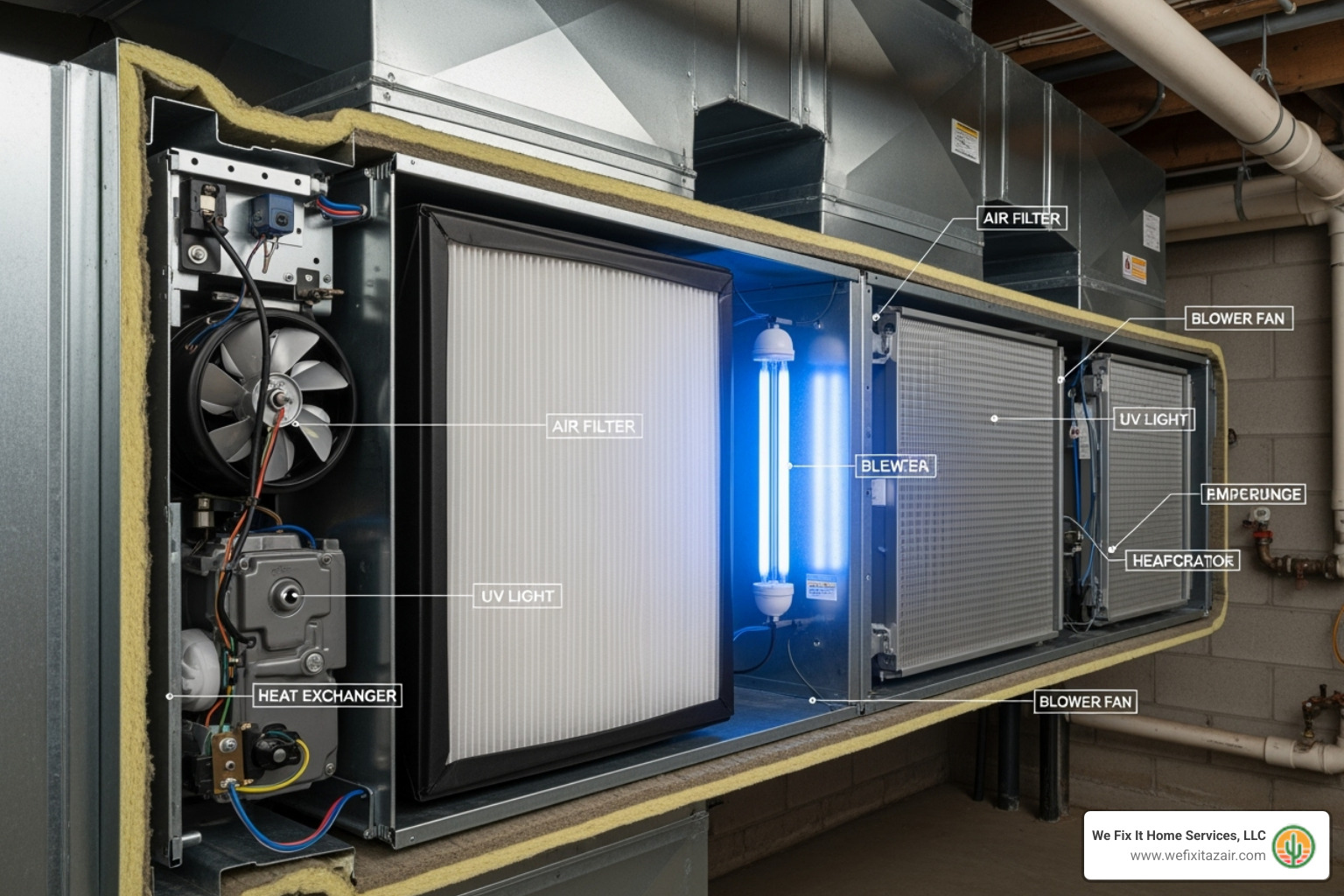cutaway view of an HVAC system showing a whole-house air filter and UV light - Air filtration Mesa