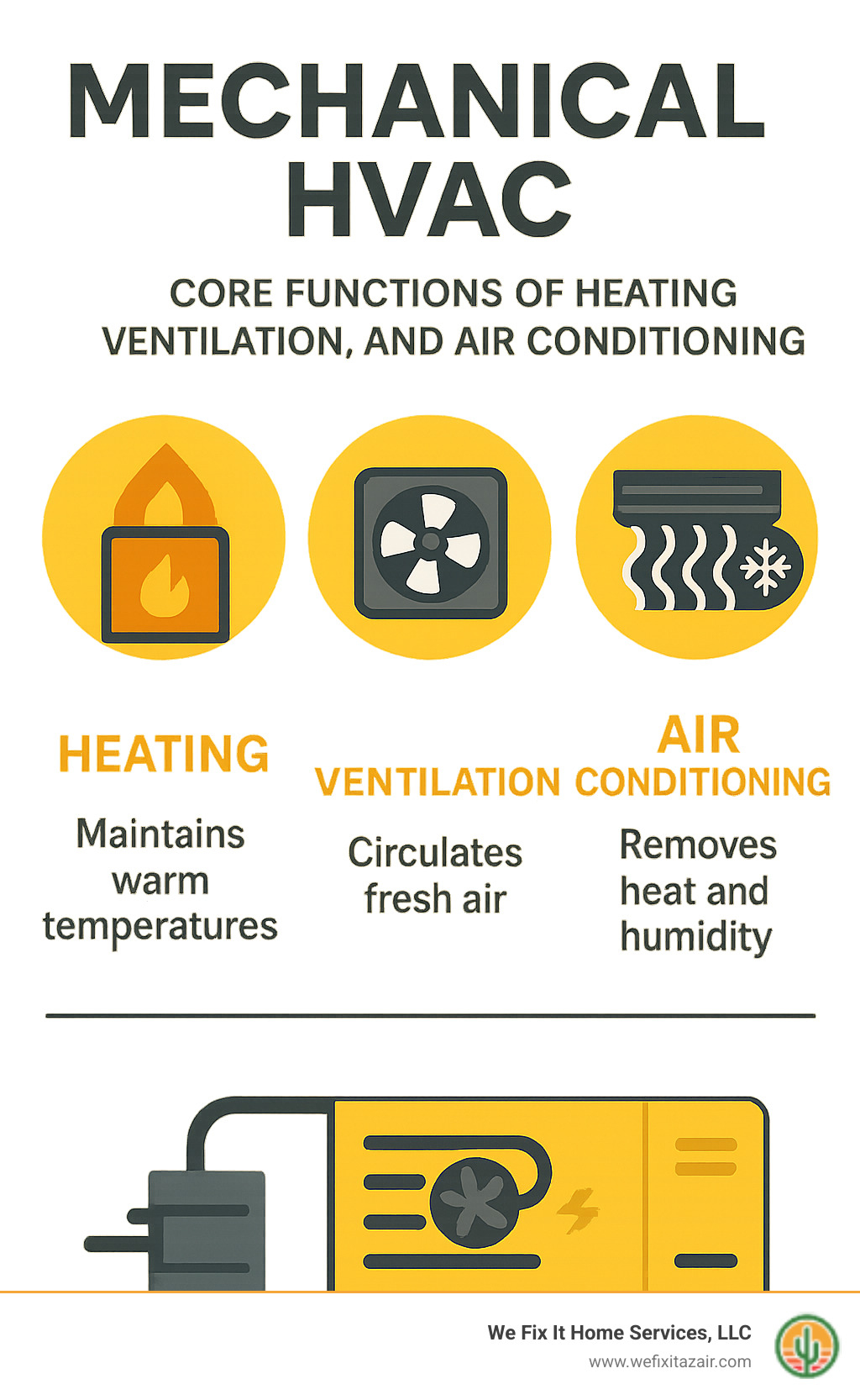Infographic showing the three core functions of mechanical HVAC systems: Heating (furnaces and heat pumps maintaining warm temperatures), Ventilation (fans and ductwork circulating fresh air and removing stale air), and Air Conditioning (cooling coils and refrigeration cycles removing heat and humidity from indoor spaces) - mechanical hvac infographic 