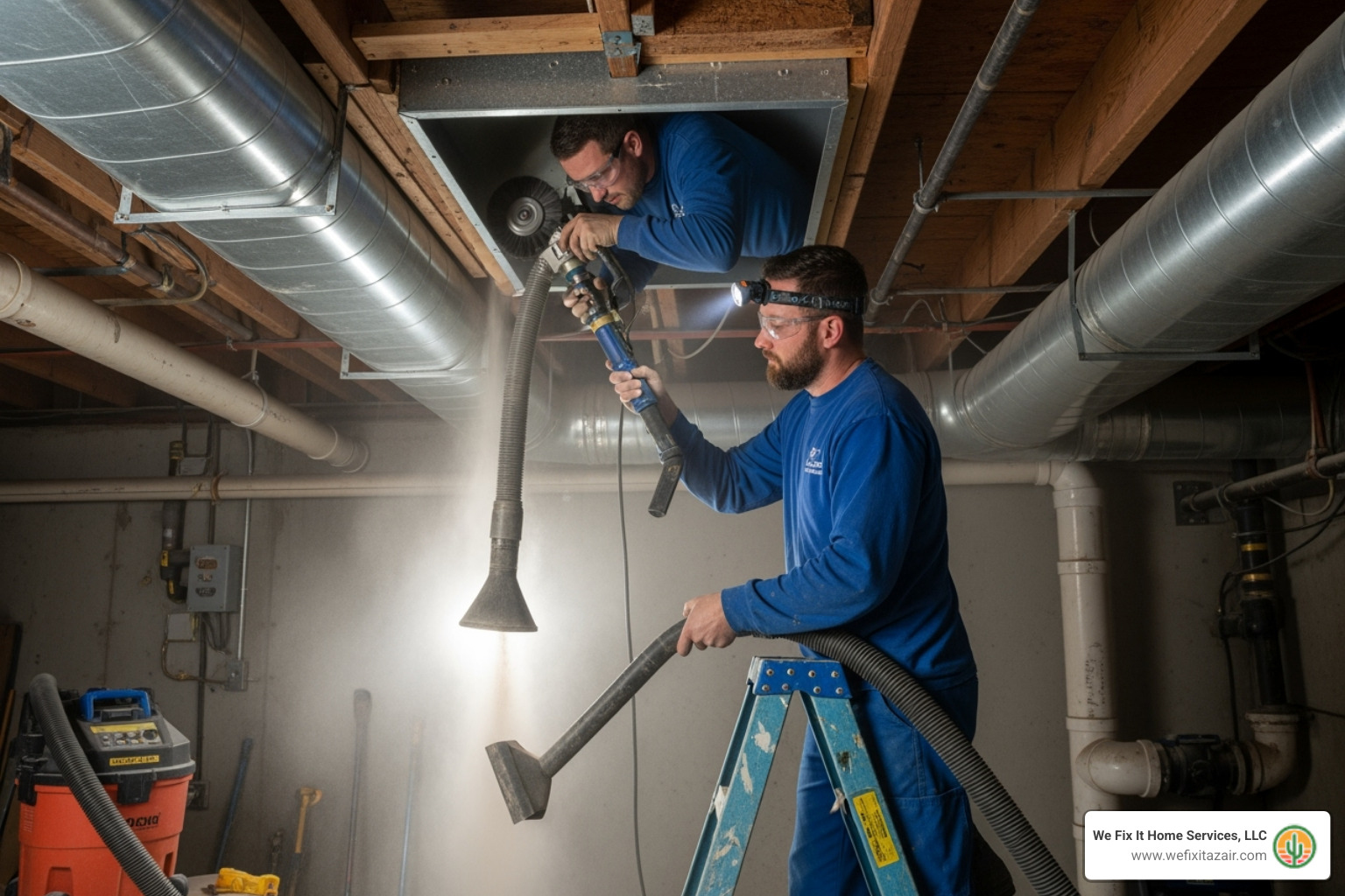 A technician using a rotary brush and high-powered vacuum on an air duct, showing the thorough process of professional cleaning - is air duct cleaning necessary