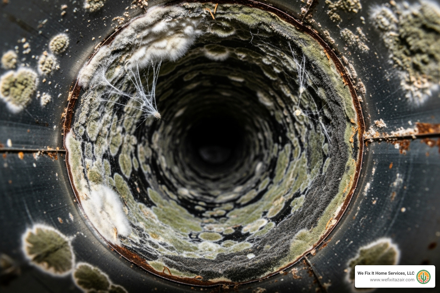 Visible mold growth inside a metal air duct, highlighting a clear sign that professional cleaning is necessary - is air duct cleaning necessary