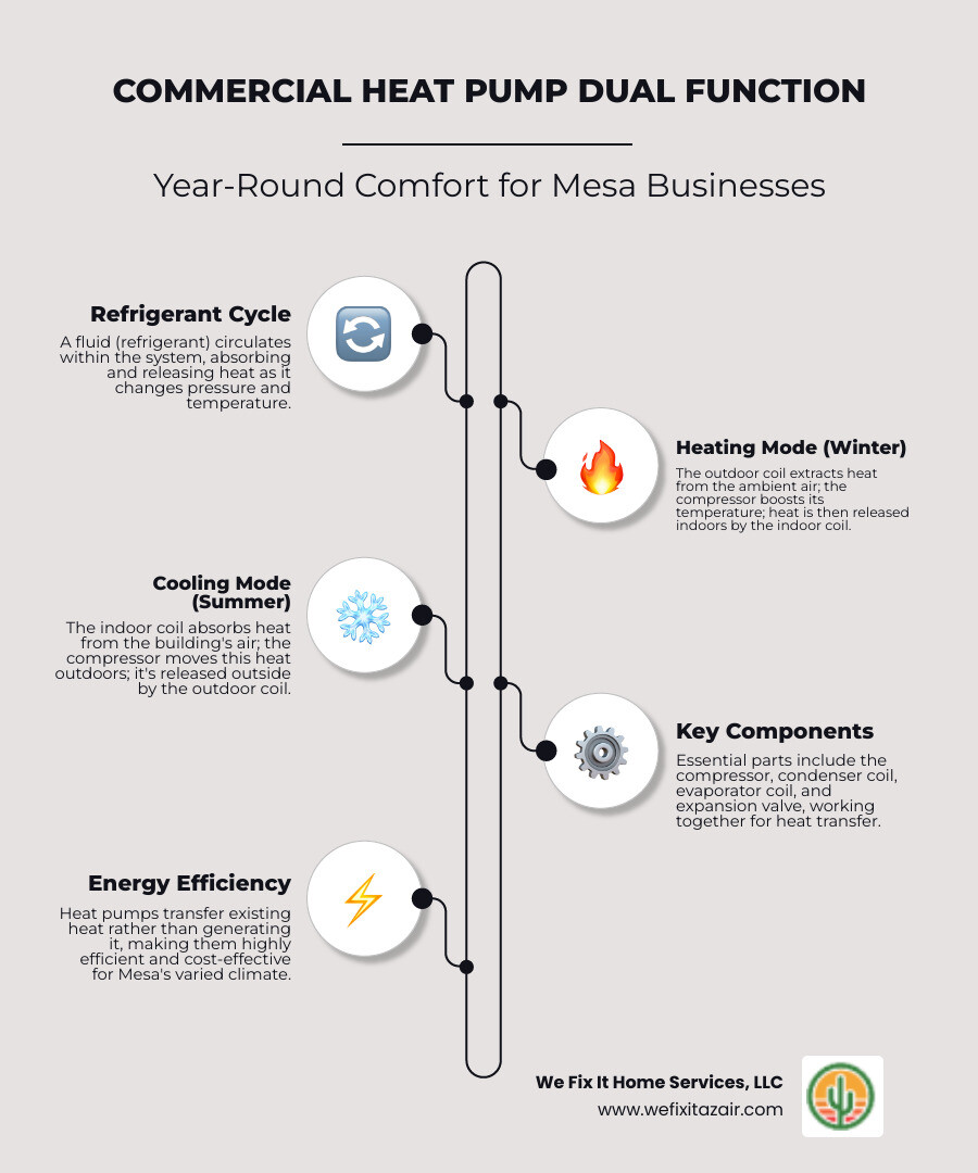 Comprehensive guide showing commercial heat pump operation in both heating and cooling modes, including airflow patterns, refrigerant cycle, and key components like compressor, condenser, and evaporator coils for Mesa business applications - Heat pump repair Mesa infographic infographic-line-5-steps-neat_beige