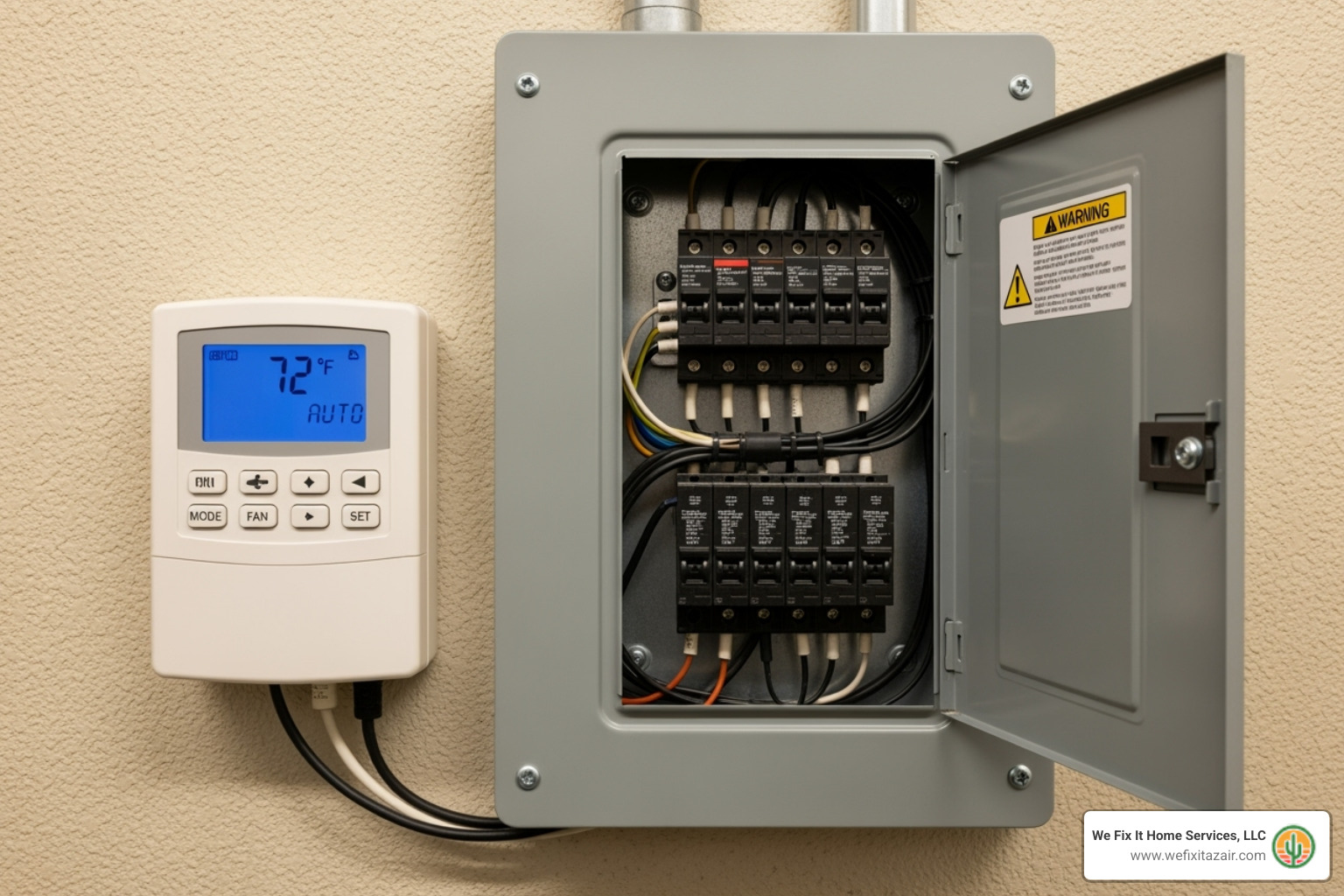 Commercial thermostat and electrical panel - Heat pump repair Mesa