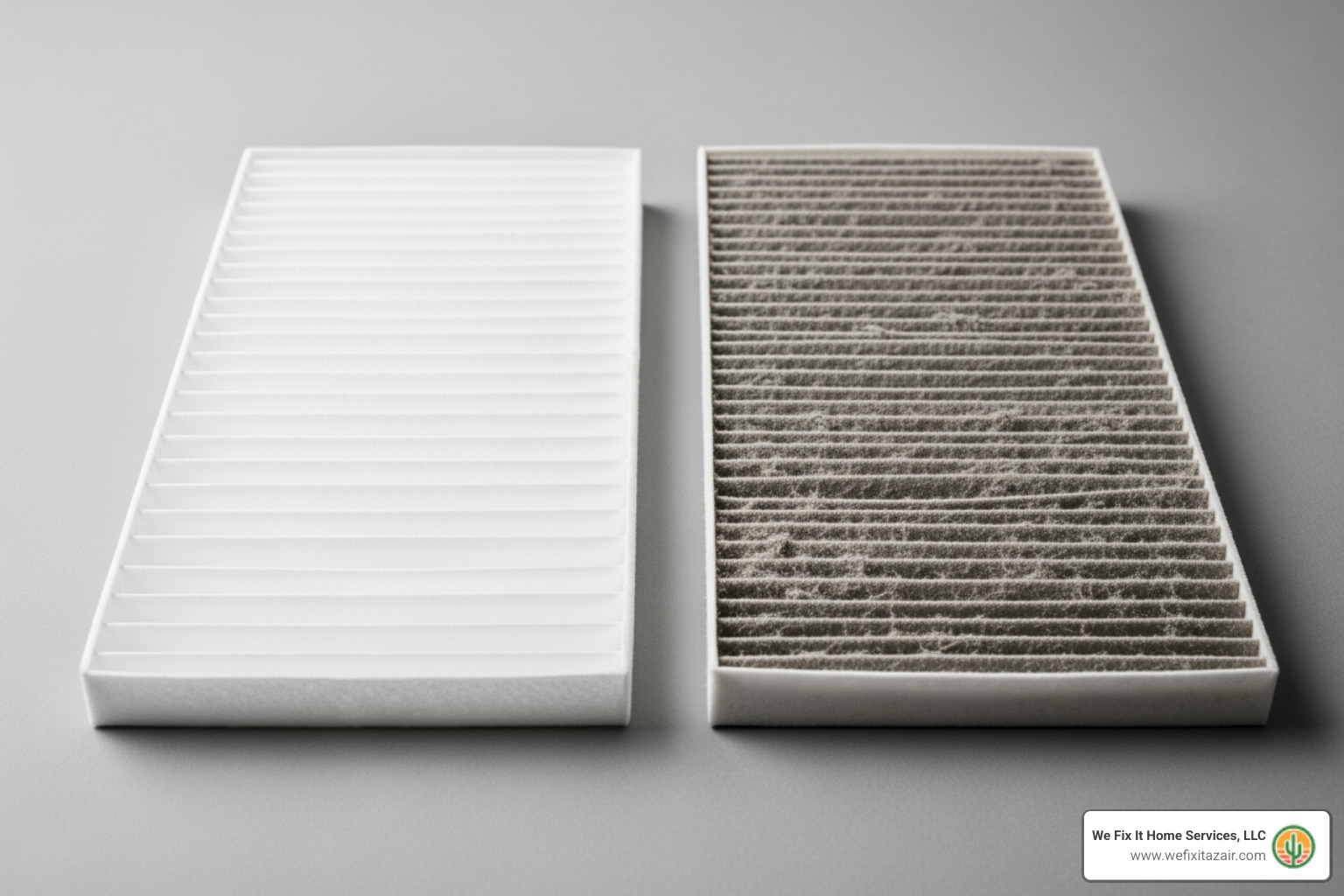 Image comparing a clean and a dirty AC air filter - AC unit leaking