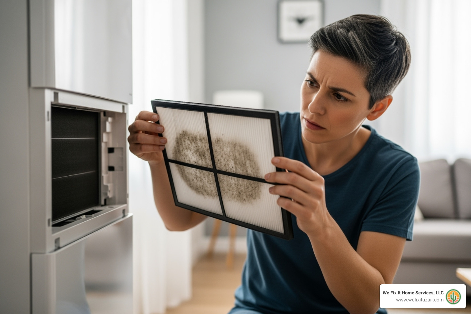 Image of a homeowner inspecting their indoor AC unit's filter - AC unit leaking