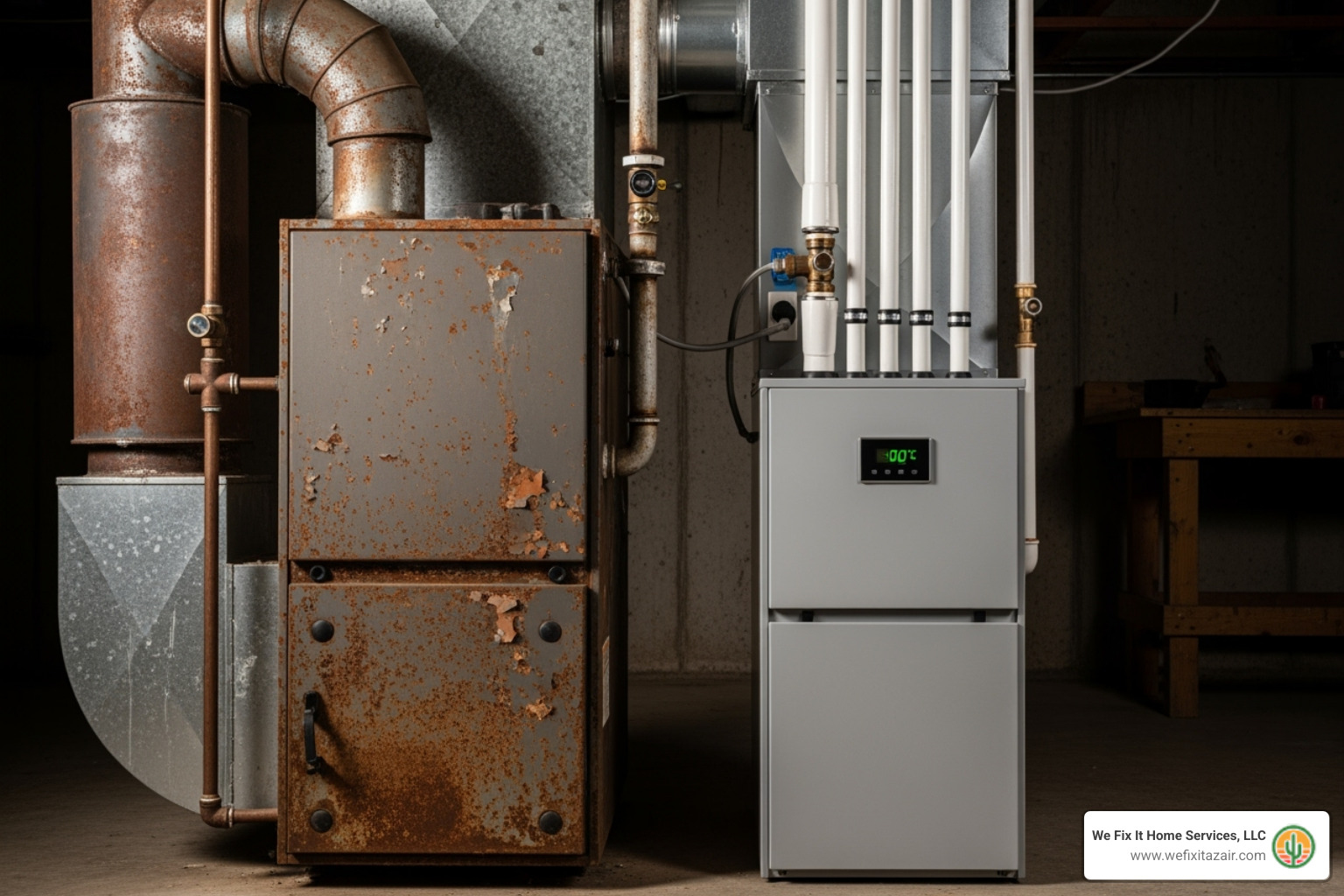 contrasting an old, inefficient furnace with a modern, high-efficiency unit - furnace repair glendale contrasting an old, inefficient furnace with a modern, high-efficiency unit - furnace repair glendale