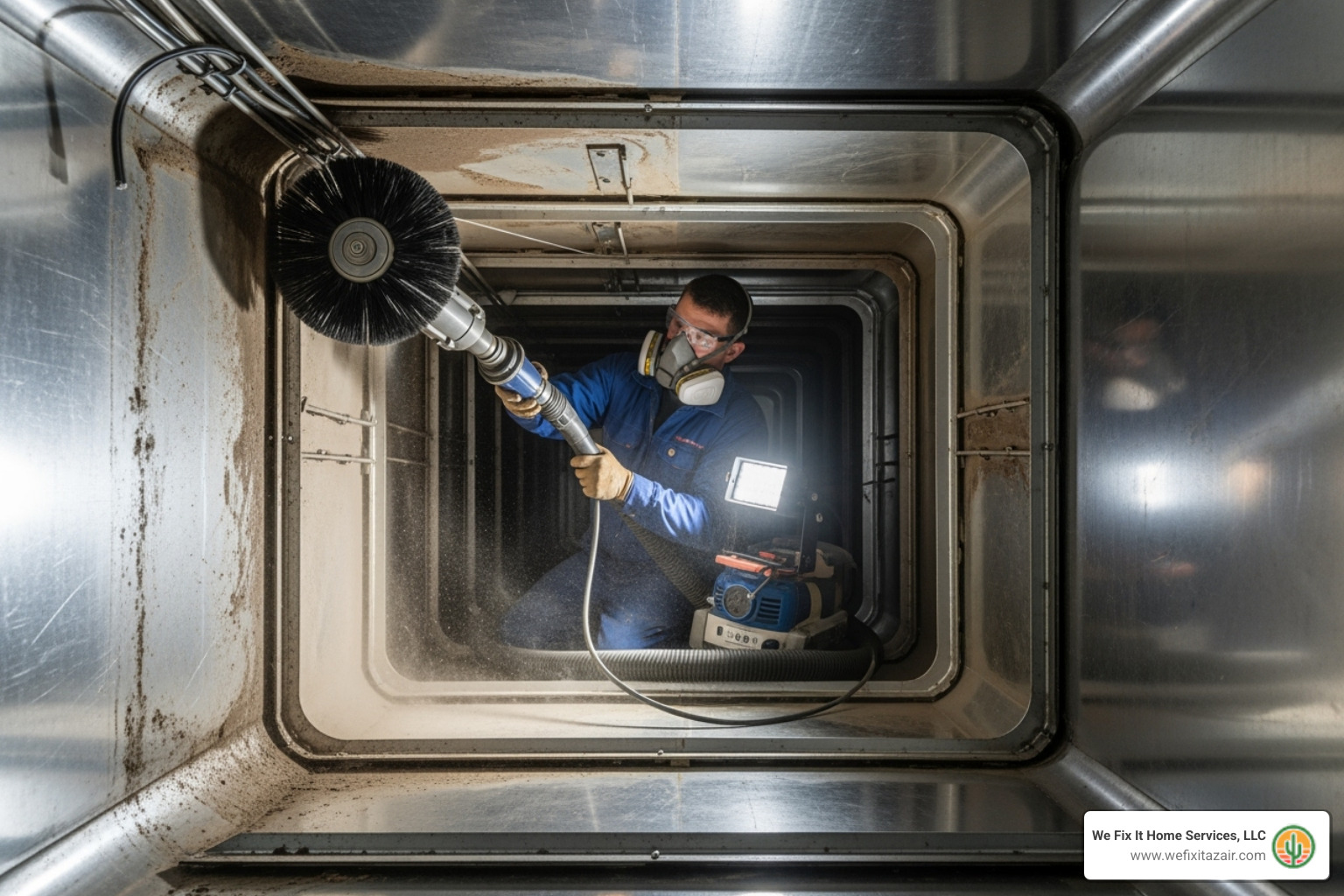 A technician using a high-powered vacuum and brush system in a duct - air duct and dryer vent cleaning scottsdale arizona A technician using a high-powered vacuum and brush system in a duct - air duct and dryer vent cleaning scottsdale arizona